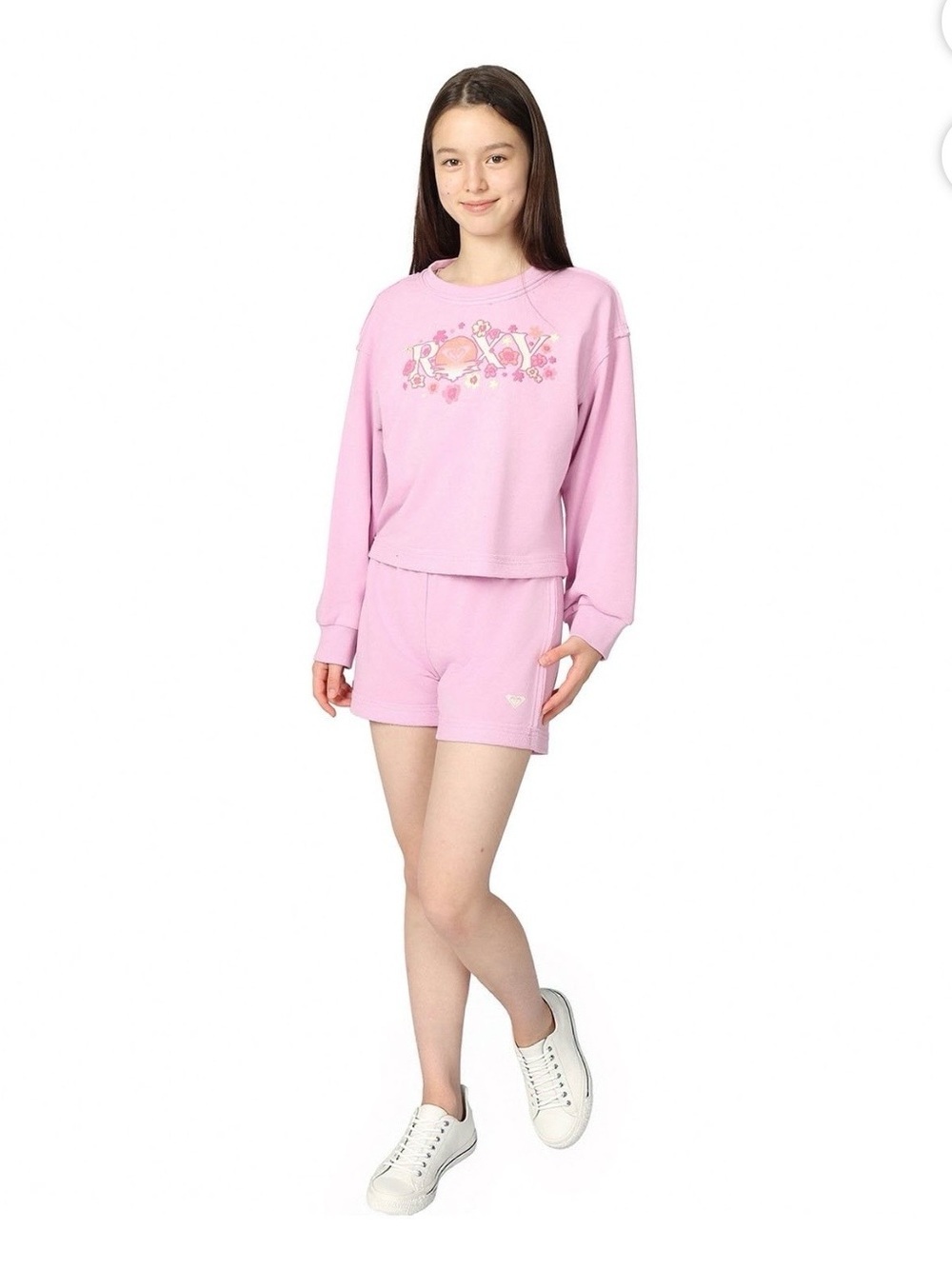 Roxy Light Pink Floral Logo Sweatshirt and Shorts Set